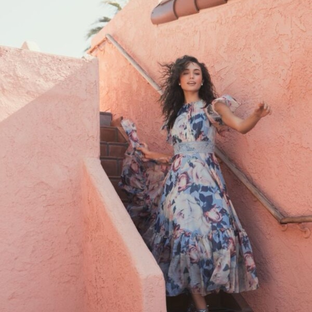 Mac Duggal Blue Floral Party Wedding Guest Dress